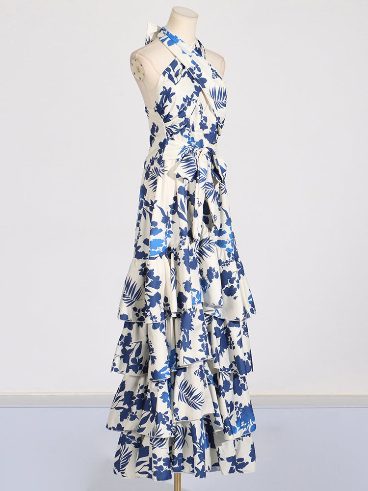 Maxi floral halter dress with ruffles in blue and white - Yery