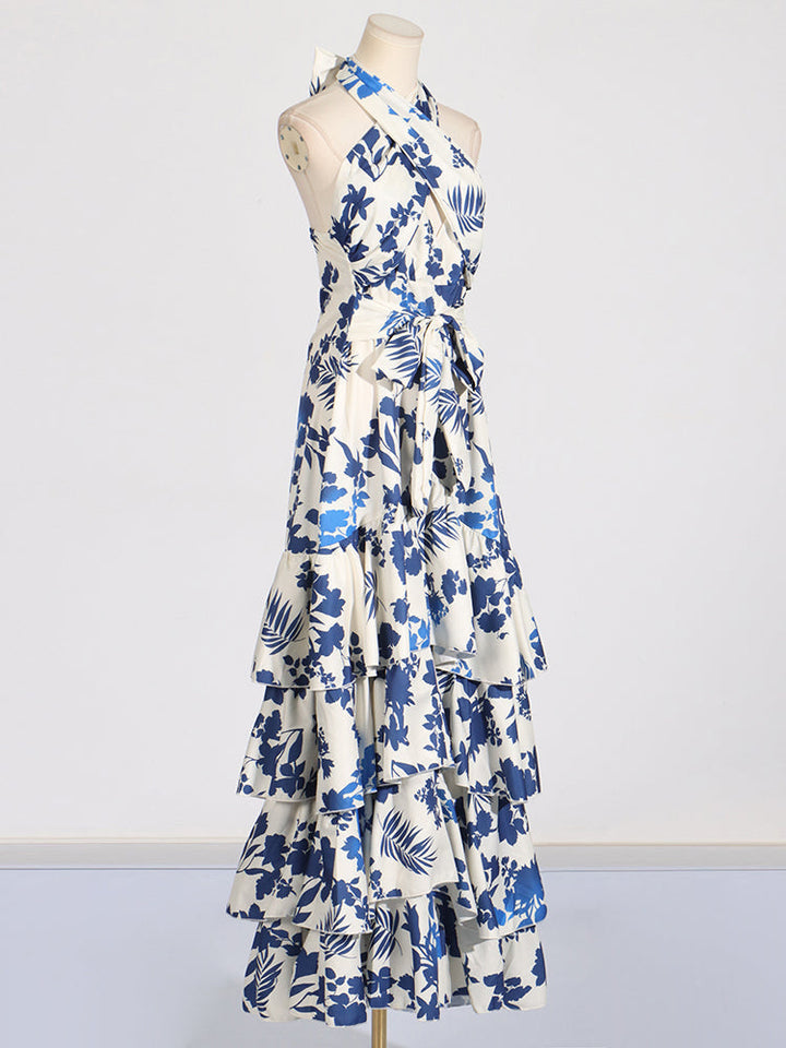 Maxi floral halter dress with ruffles in blue and white - Yery
