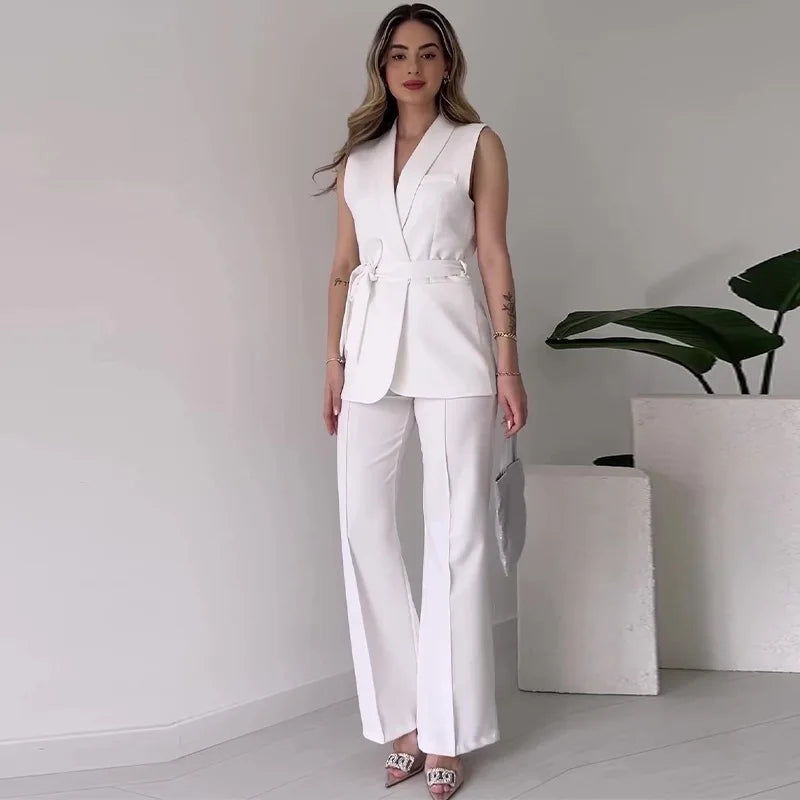 Sleeveless Blazer Suit Tailored Fit Wrap V-Neck Wide Pants Avérine, view 8 - Elena Harper