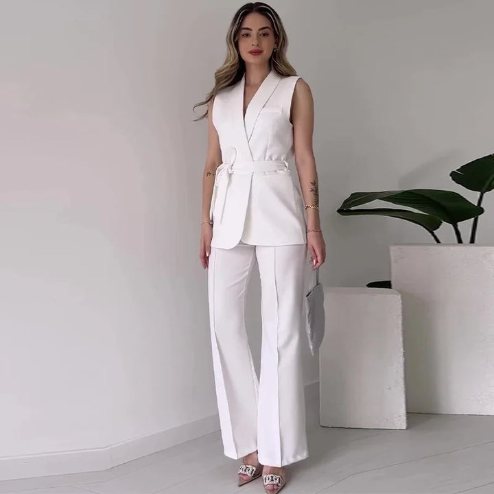 Sleeveless Blazer Suit Tailored Fit Wrap V-Neck Wide Pants Avérine, view 8 - Elena Harper