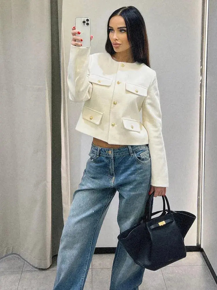 Women's Elegant Textured Cropped Button-Up Jacket