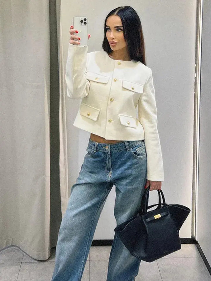 Women's Elegant Textured Cropped Button-Up Jacket