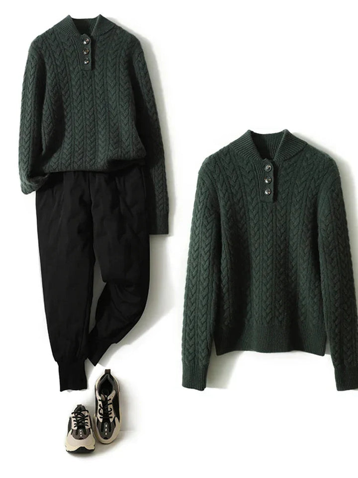 Cable Knit Sweater for Women with Button Closure at Neck Regular Fit