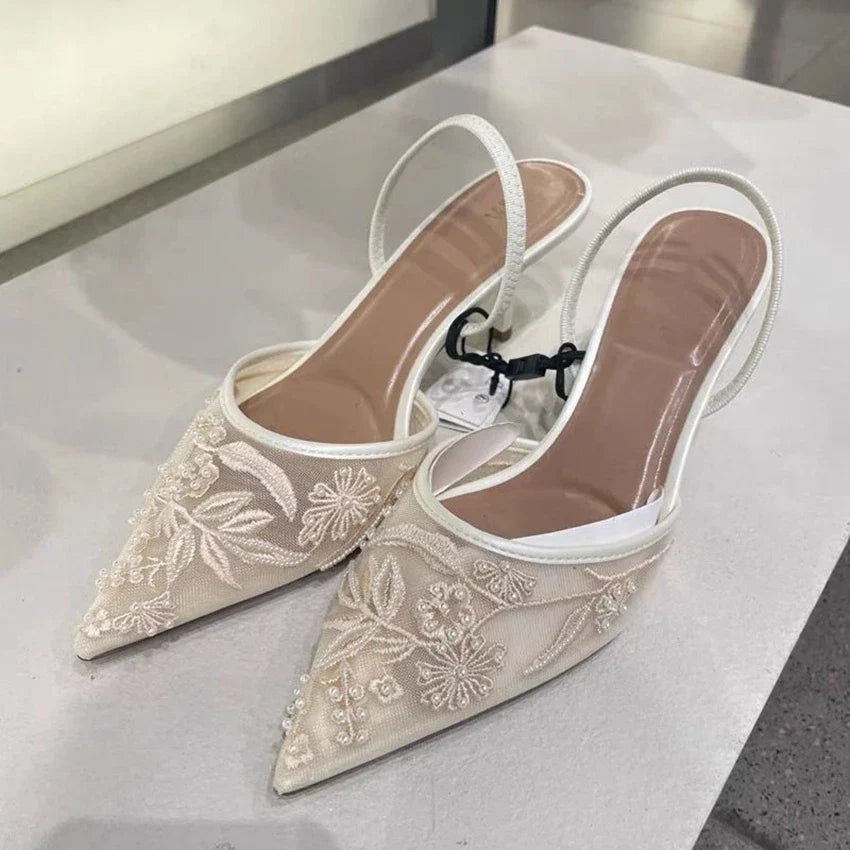 Embroidered Mesh Slingback Kitten Heels Pointed Toe