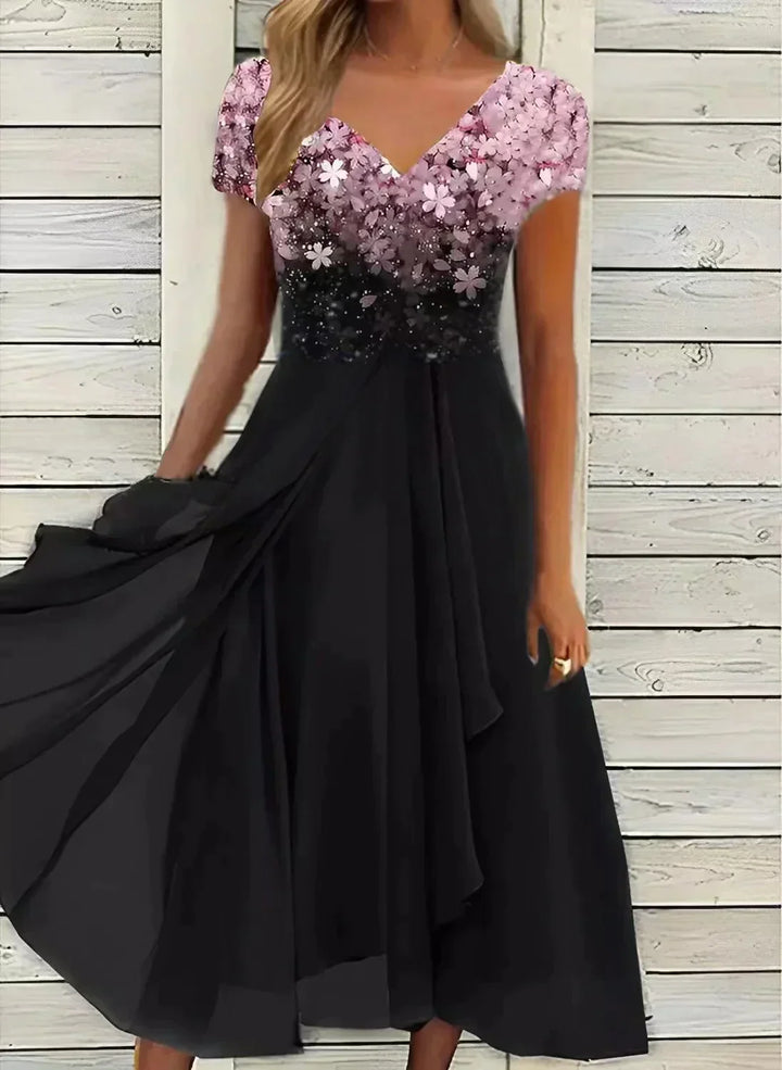 Yvonne | Women's Flowing Floral Form Dress with Short Sleeves