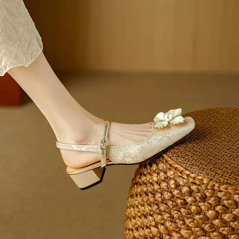 Montarello Floral Slingback Heels for Women with Square Heel