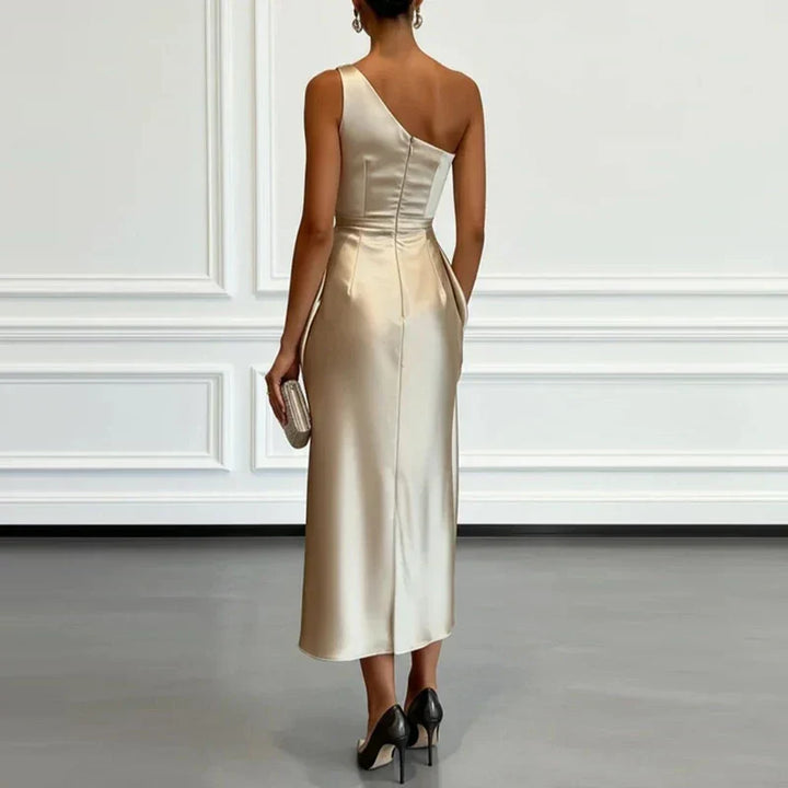 Women's Elegant One-Shoulder Draped Ruched Midi Dress
