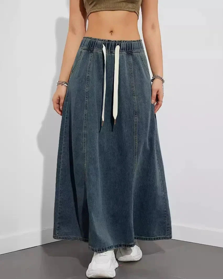 Maxi Skirt for Women with Elastic Waist, Drawstring, and Side Pockets – Denim Blend