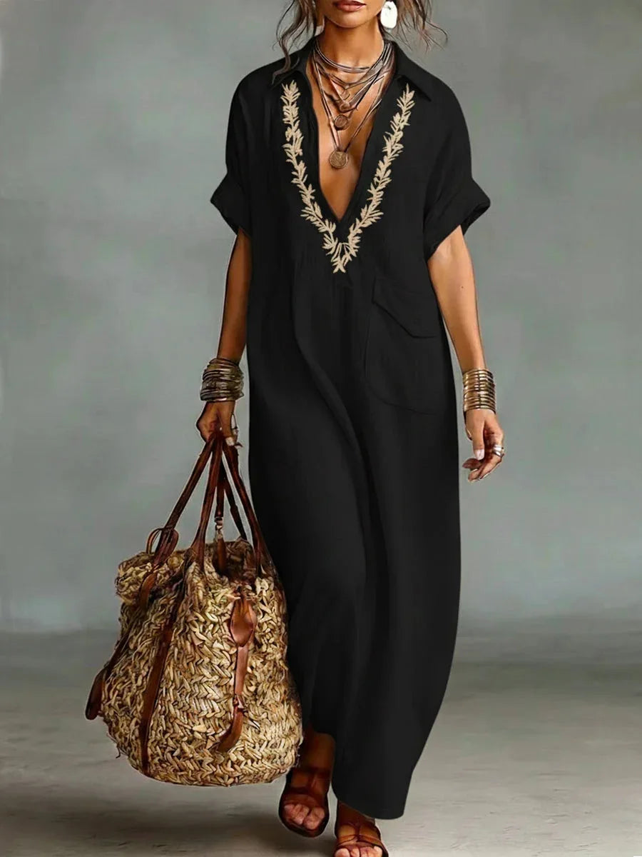 Embroidered women's kaftan dress with V-neck and loose fit