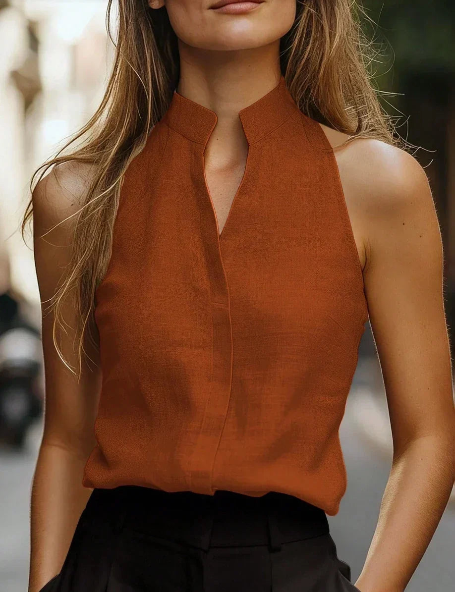 Women's Sleeveless Blouse with V-Notch Collar