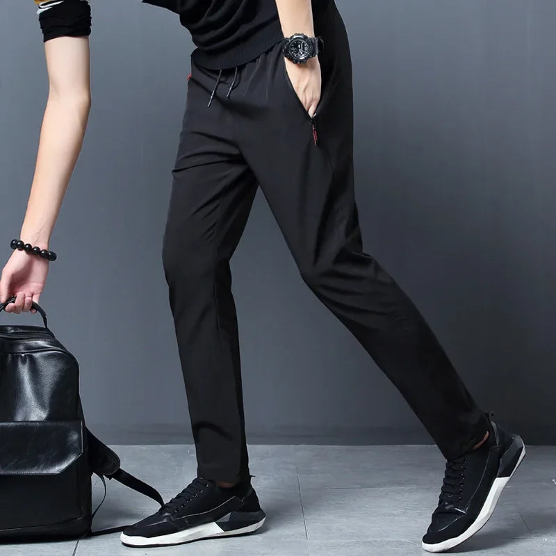 Men's Casual Pants with Elastic Waist and Zipper Pockets