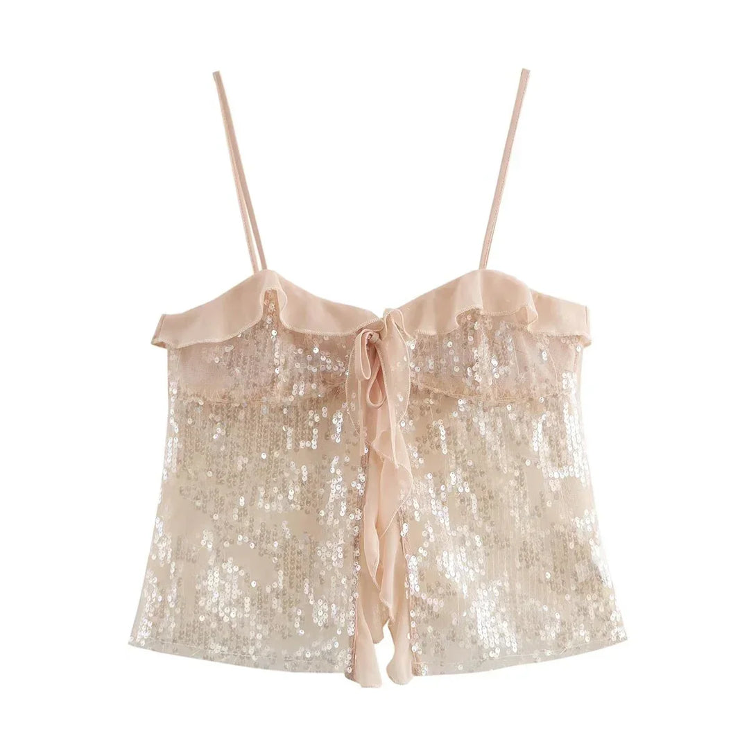 Festive Sequin Women's Top with Bow Closure and Ruffles - Elena Harper