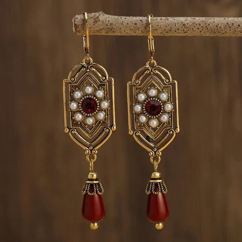 Art Deco Gold Garnet & Pearl Drop Earrings - Elena Harper