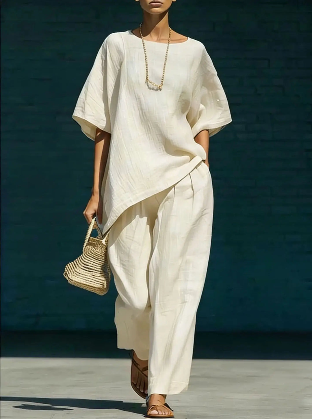 Ladies Linen Mix Set Asymmetric Top with Wide Leg Pants, view 8 - Elena Harper
