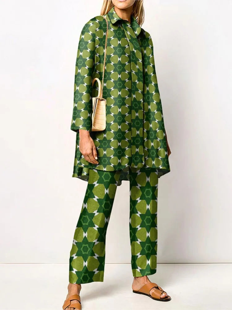 Elegant Vintage Two-Piece Set for Women Trendy Blouse and Pants, view 4 - Elena Harper