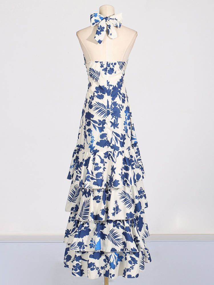 Maxi floral halter dress with ruffles in blue and white - Yery
