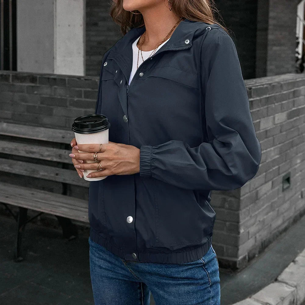Casual Women's Coat with Hood and Buttons