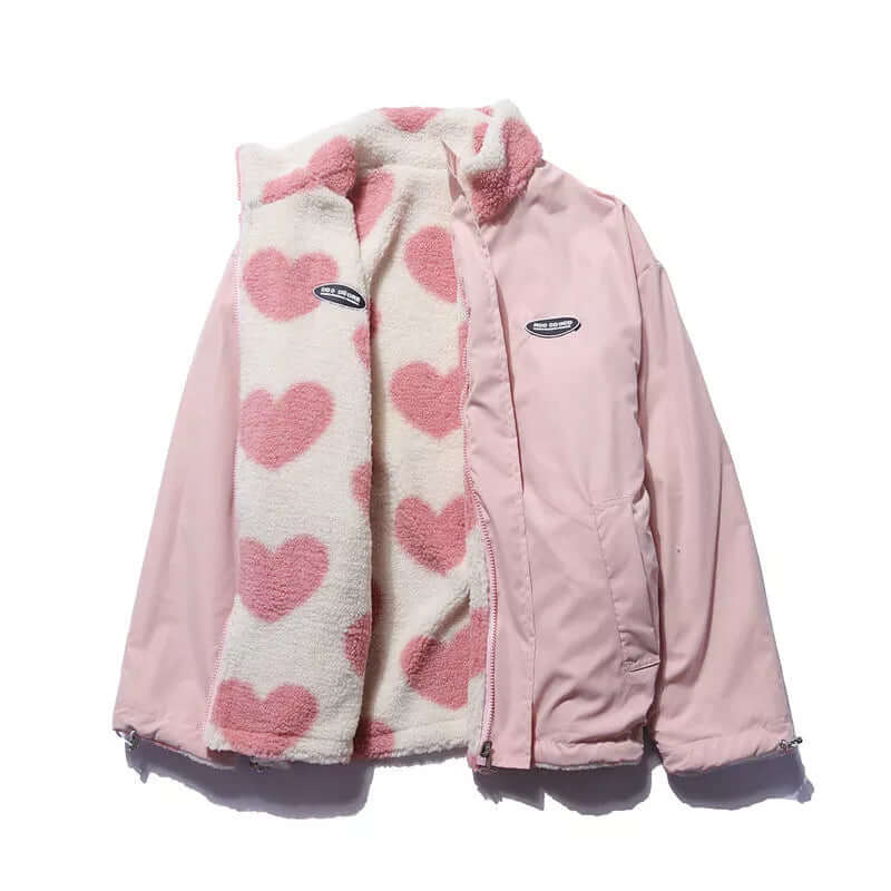 Reversible Heart-Print Coat with Plush Fleece