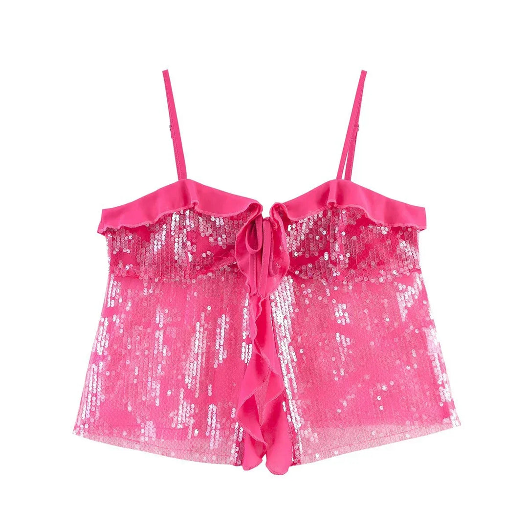Festive Sequin Women's Top with Bow Closure and Ruffles - Elena Harper