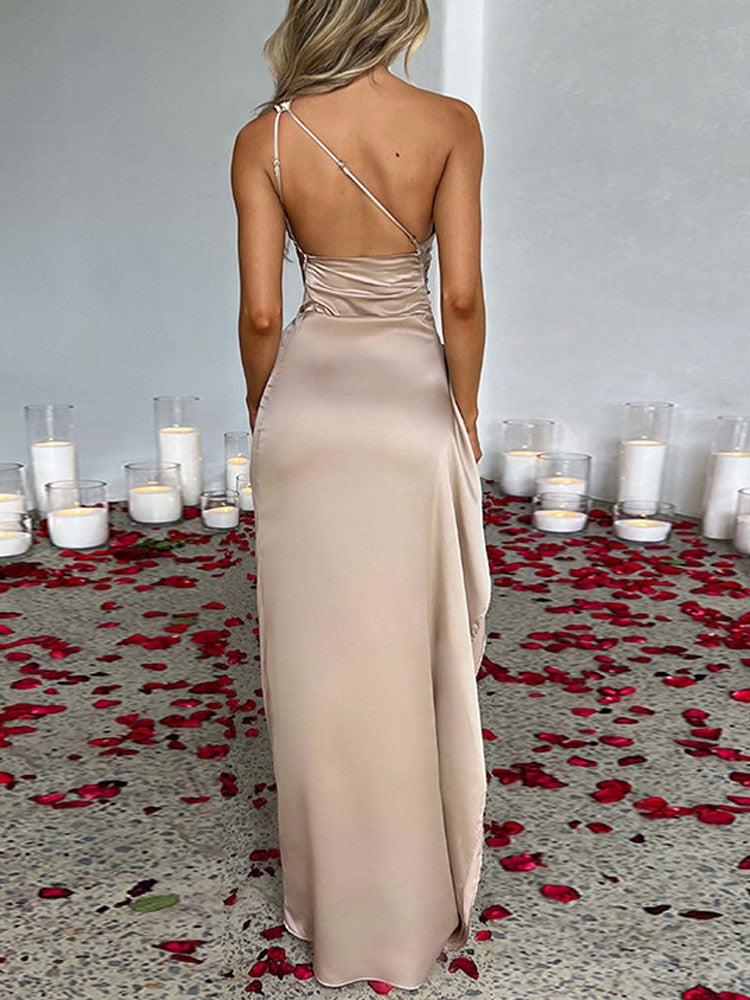 Daline One-Shoulder Satin Dress with Split, view 4 - Elena Harper