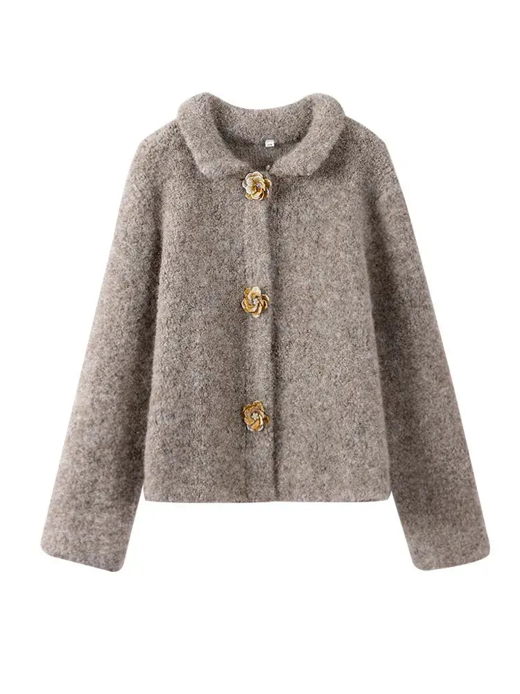 Women's Fluffy Cardigan with Flower Buttons Flossie, view 2 - Elena Harper