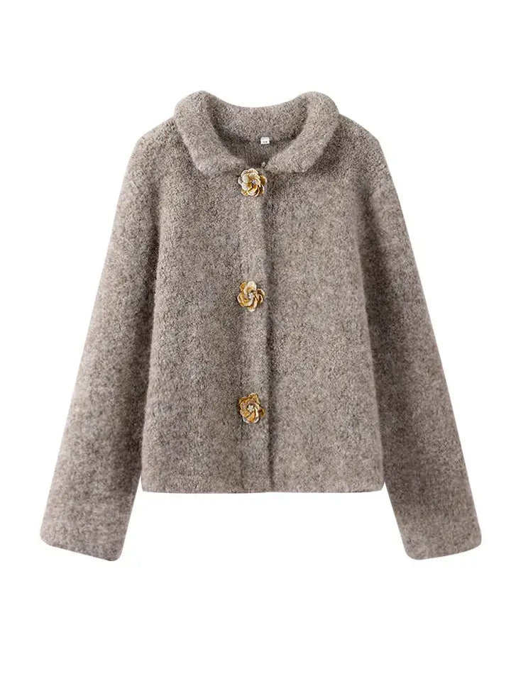 Women's Fluffy Cardigan with Flower Buttons Flossie, view 2 - Elena Harper