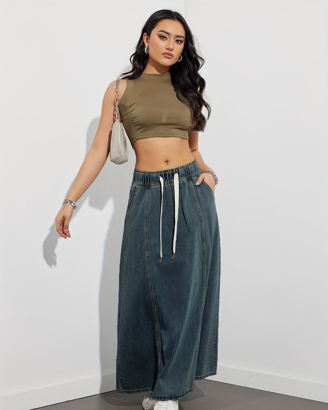 Maxi Skirt for Women with Elastic Waist, Drawstring, and Side Pockets – Denim Blend
