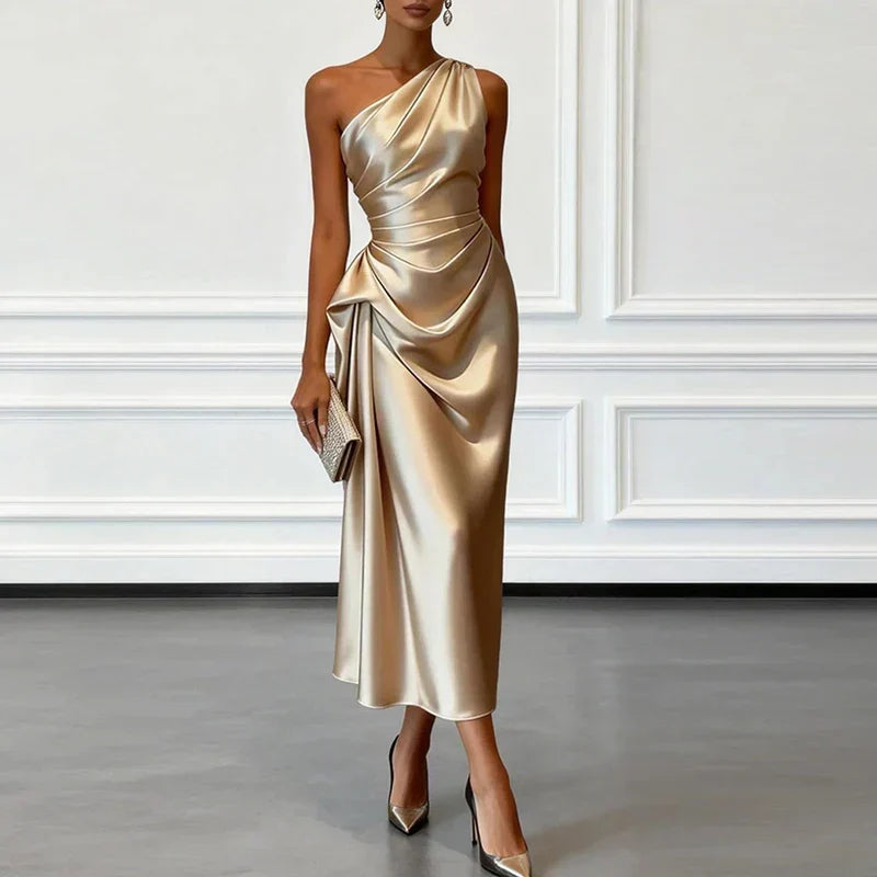 Women's Elegant One-Shoulder Draped Ruched Midi Dress