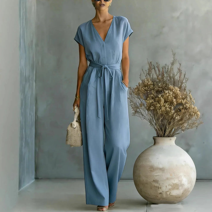 Women's V-Neck Jumpsuit with Belt and Wide Pants, view 4 - Elena Harper