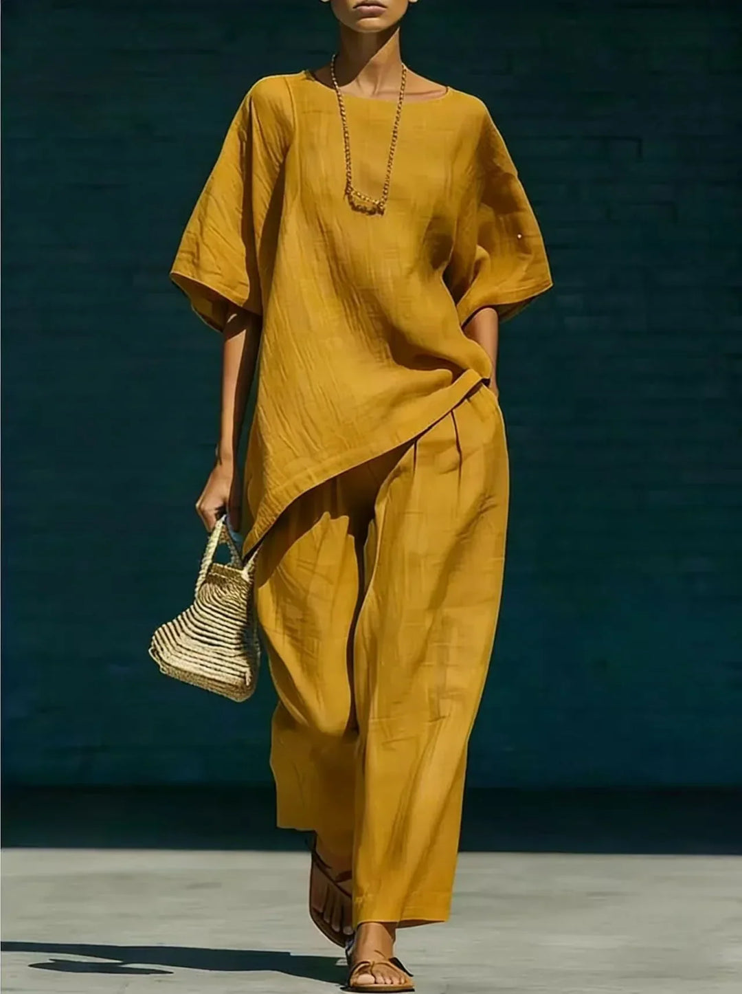 Ladies Linen Mix Set Asymmetric Top with Wide Leg Pants, view 3 - Elena Harper