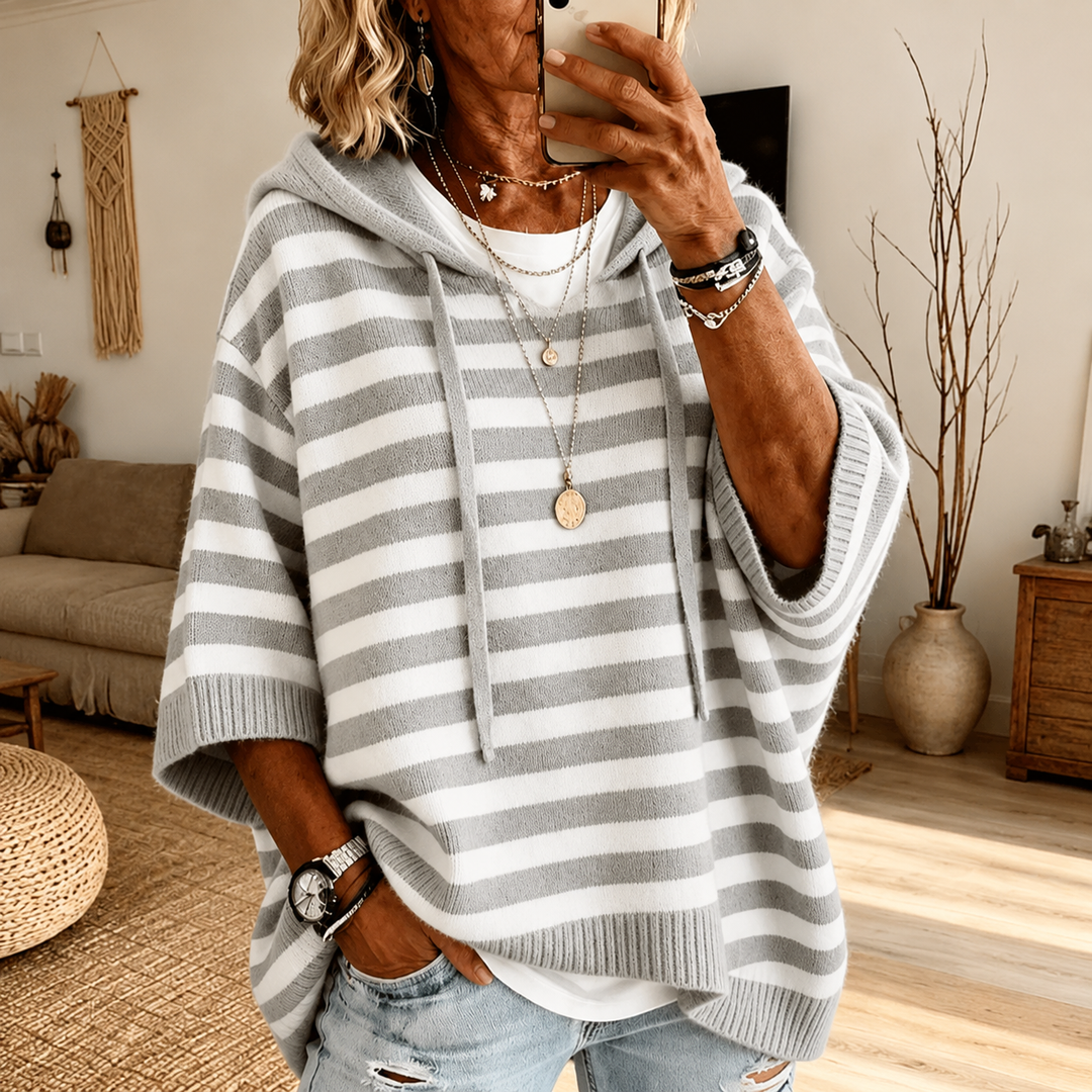 Celine Gray Striped Poncho Sweater - Elena Harper