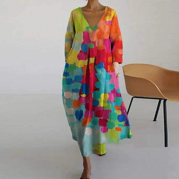 Leticia Colorful Dress with V-Neck, view 2 - Elena Harper