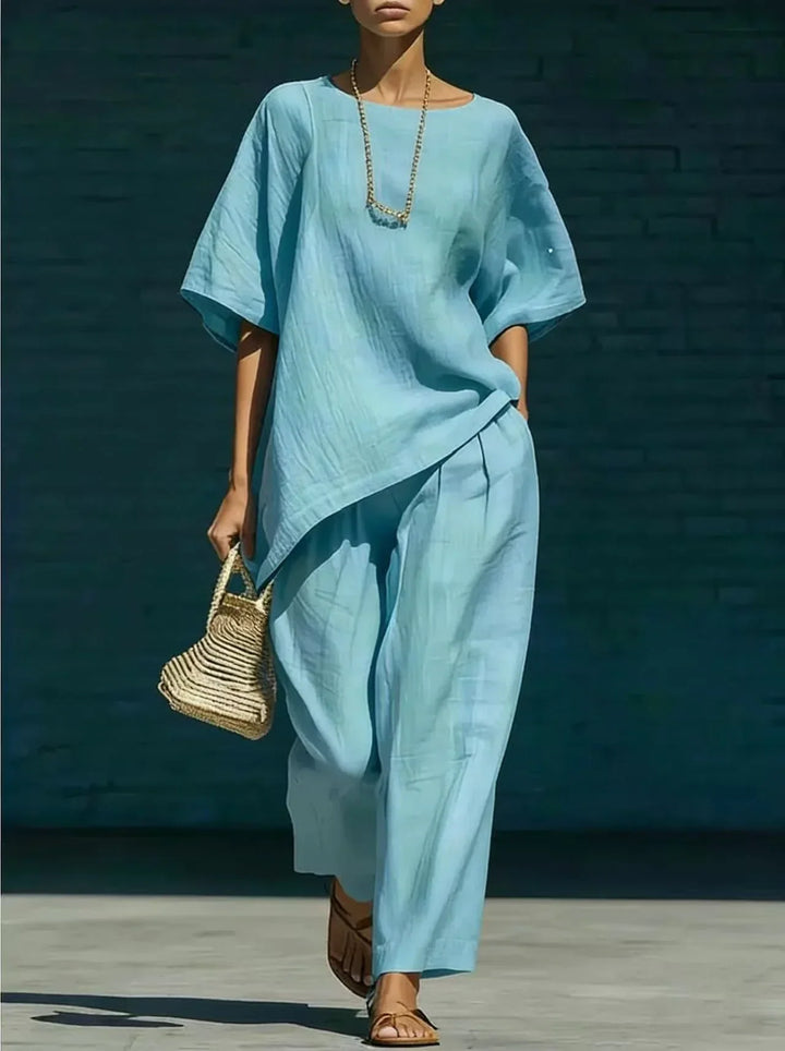 Ladies Linen Mix Set Asymmetric Top with Wide Leg Pants, view 4 - Elena Harper