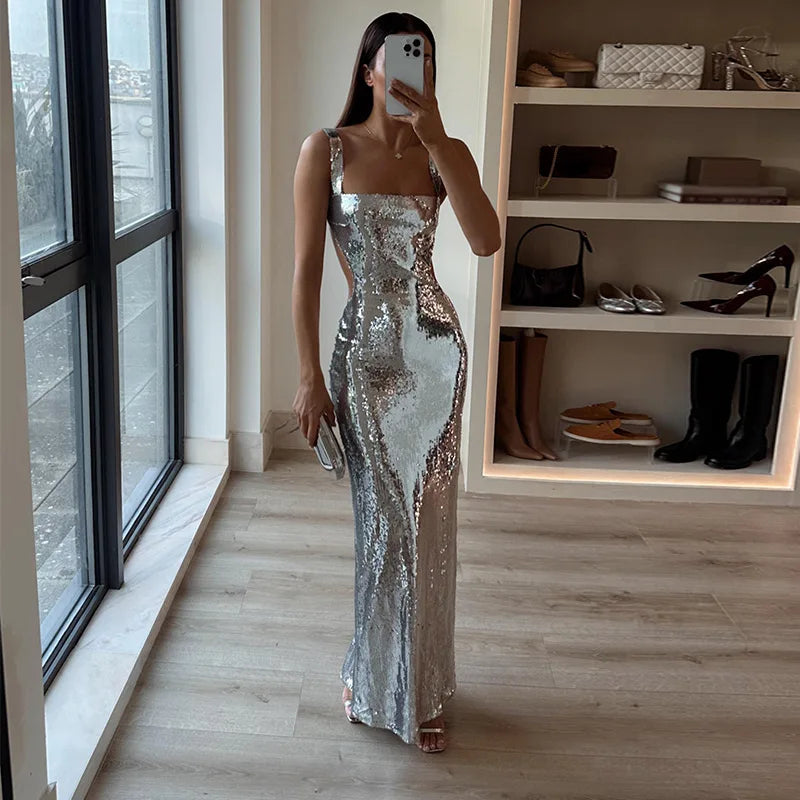 Women's Strapless Sequin Maxi Dress - Elegant Evening Gown