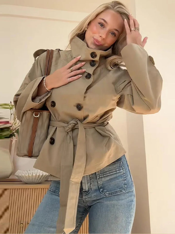 Ladies Double-Breasted Trench Coat with Belt and Stand-Up Collar