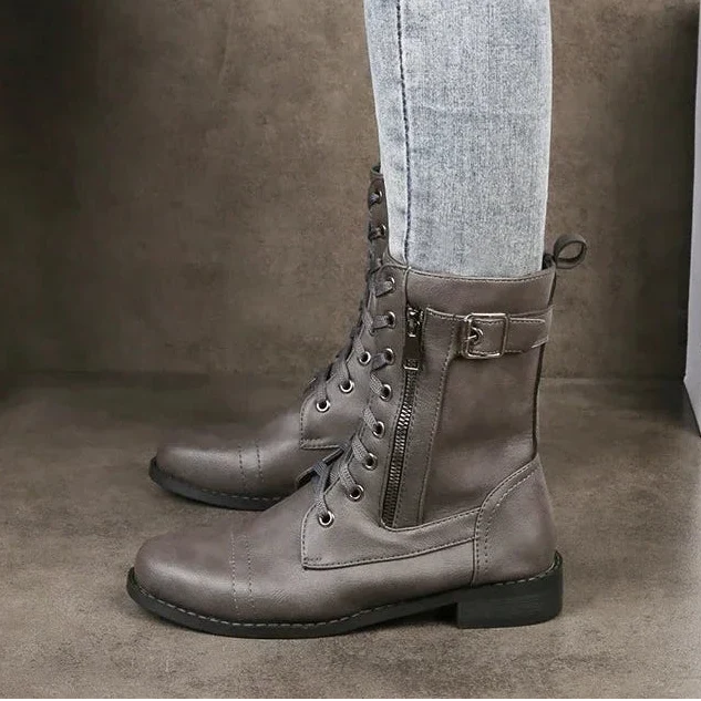 Ladies Mid-Calf Lace-Up Boots with Leather Upper