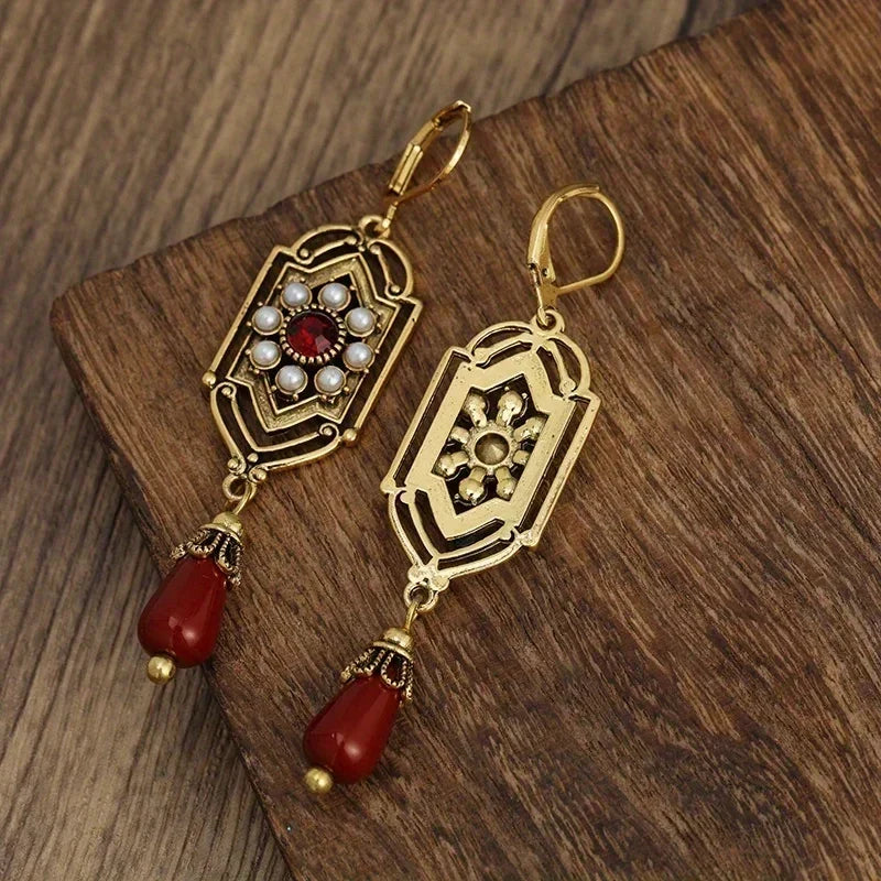 Art Deco Gold Garnet & Pearl Drop Earrings - Elena Harper