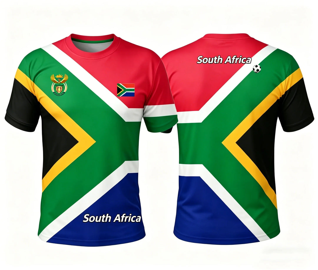 South Africa World Cup 2026 competition top by Emma & Rose Cape Town shown on a hanger, featuring team logo and vibrant colors.