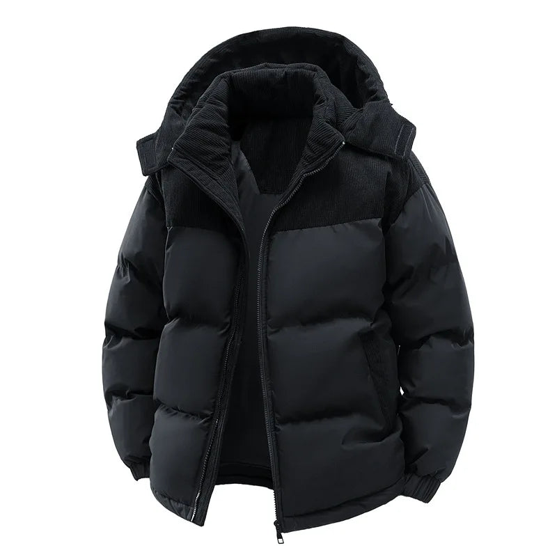 Men's Quilted Jacket with Hood and Zipper Closure