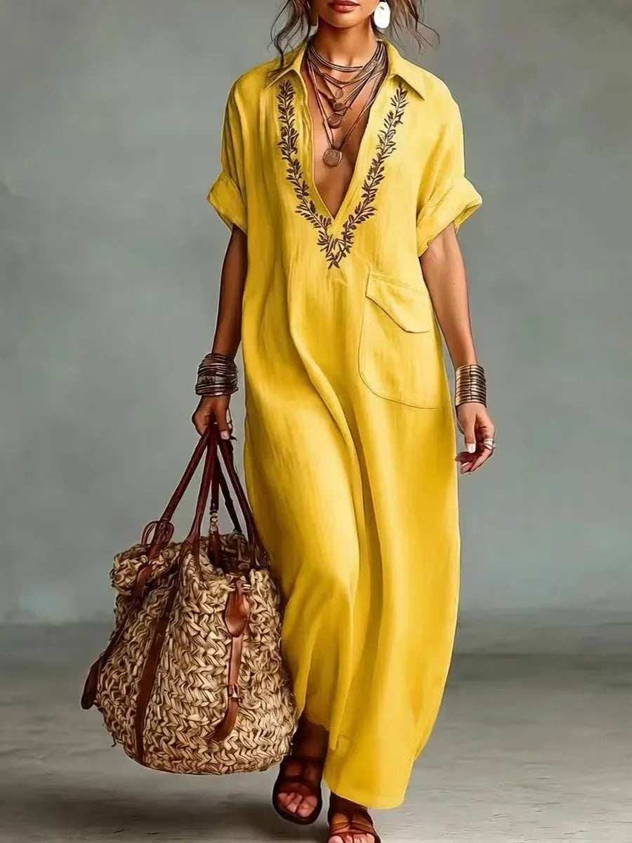 Embroidered women's kaftan dress with V-neck and loose fit