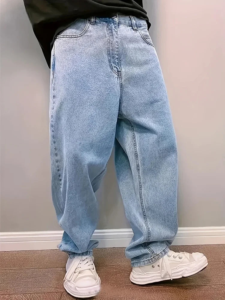Men's Baggy Denim Jeans Pleated Detail, Relaxed Fit - Elena Harper