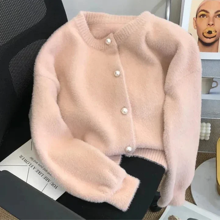 Aurore - Velvet Knit Cardigan with Pearl Buttons for Women