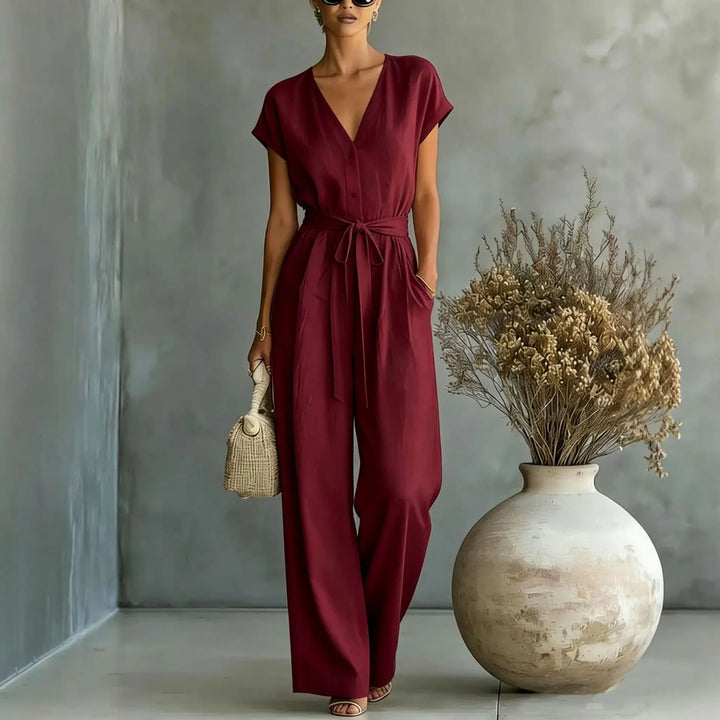 Women's V-Neck Jumpsuit with Belt and Wide Pants - Elena Harper