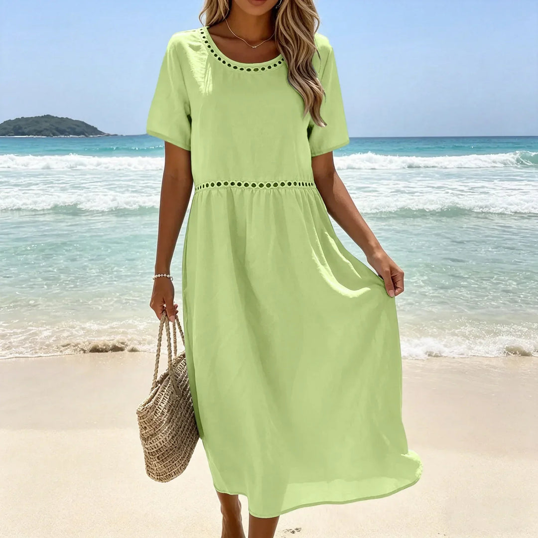Long Women's Dress in Mixed Cotton with Cut-Out Details