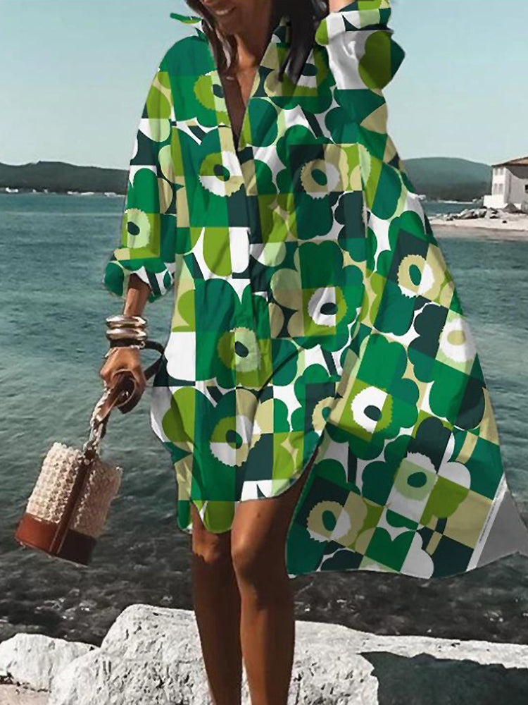 Rosario | Midi shirt dress with floral print and long sleeves