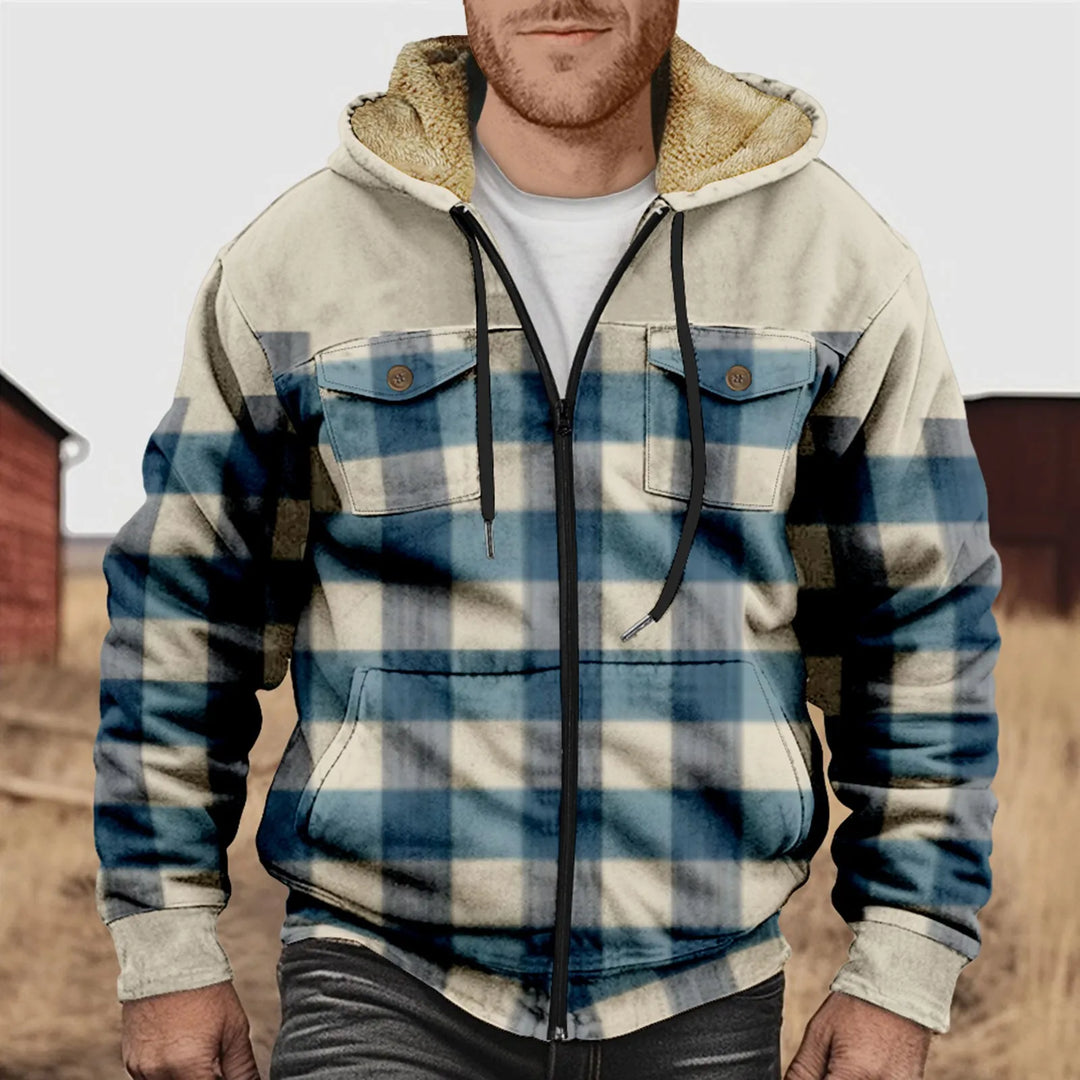 Mano - Men's Flannel Shirt with Fleece Lining - Checkered, with Hood and Button Placket