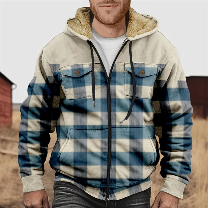 Mano - Men's Flannel Shirt with Fleece Lining - Checkered, with Hood and Button Placket
