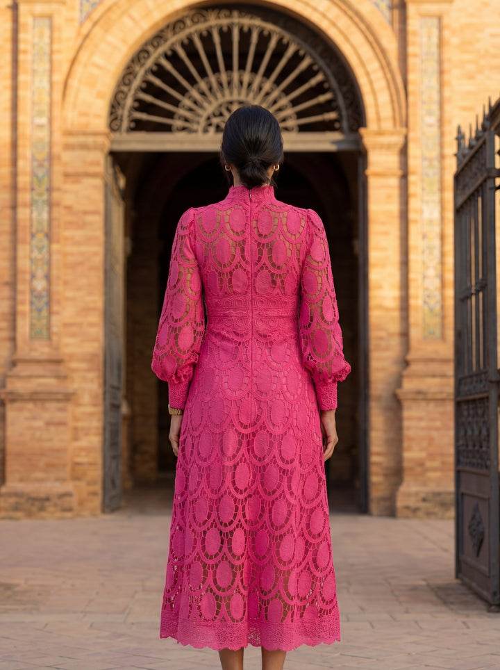 Carmona spring lace dress by Emma & Rose Cape Town, featuring delicate floral lace and a flowing silhouette.