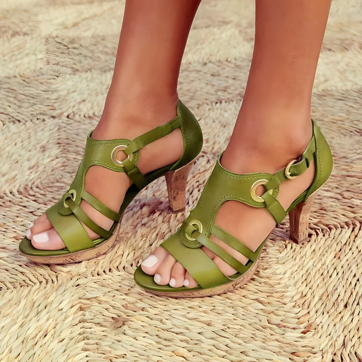 Block Heel Sandals Gold Grommet Strappy Summer Shoes