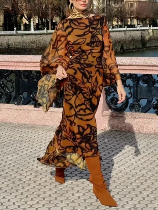 Ashley Beach Glam Brown long printed dress - Elena Harper